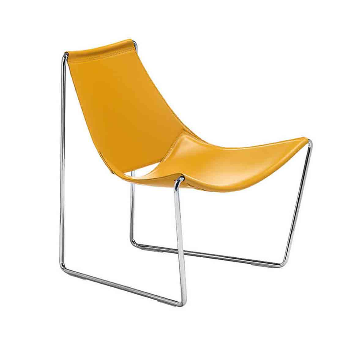 Lacquered steel or chrome frame. Seat and back in hide fabric in many colors.