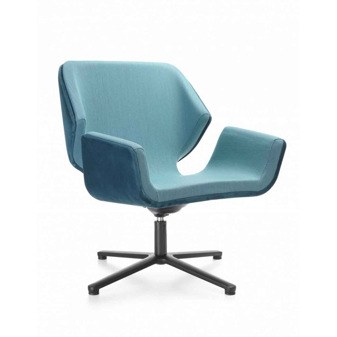 Upholstered shell with avaliability of two contrasting colors also. Swivel metal frame in painted colors.