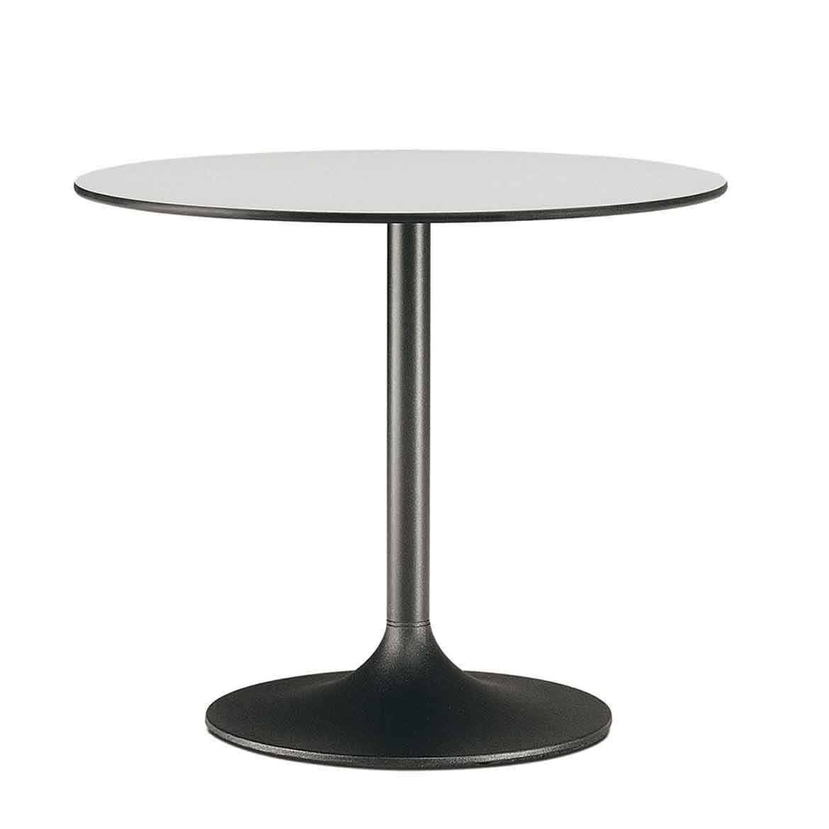 Sand-blasted cast-iron base  and steel tube column, available in chromed, brushed steel versions and powder coated in several colours. Max table top size: ø80