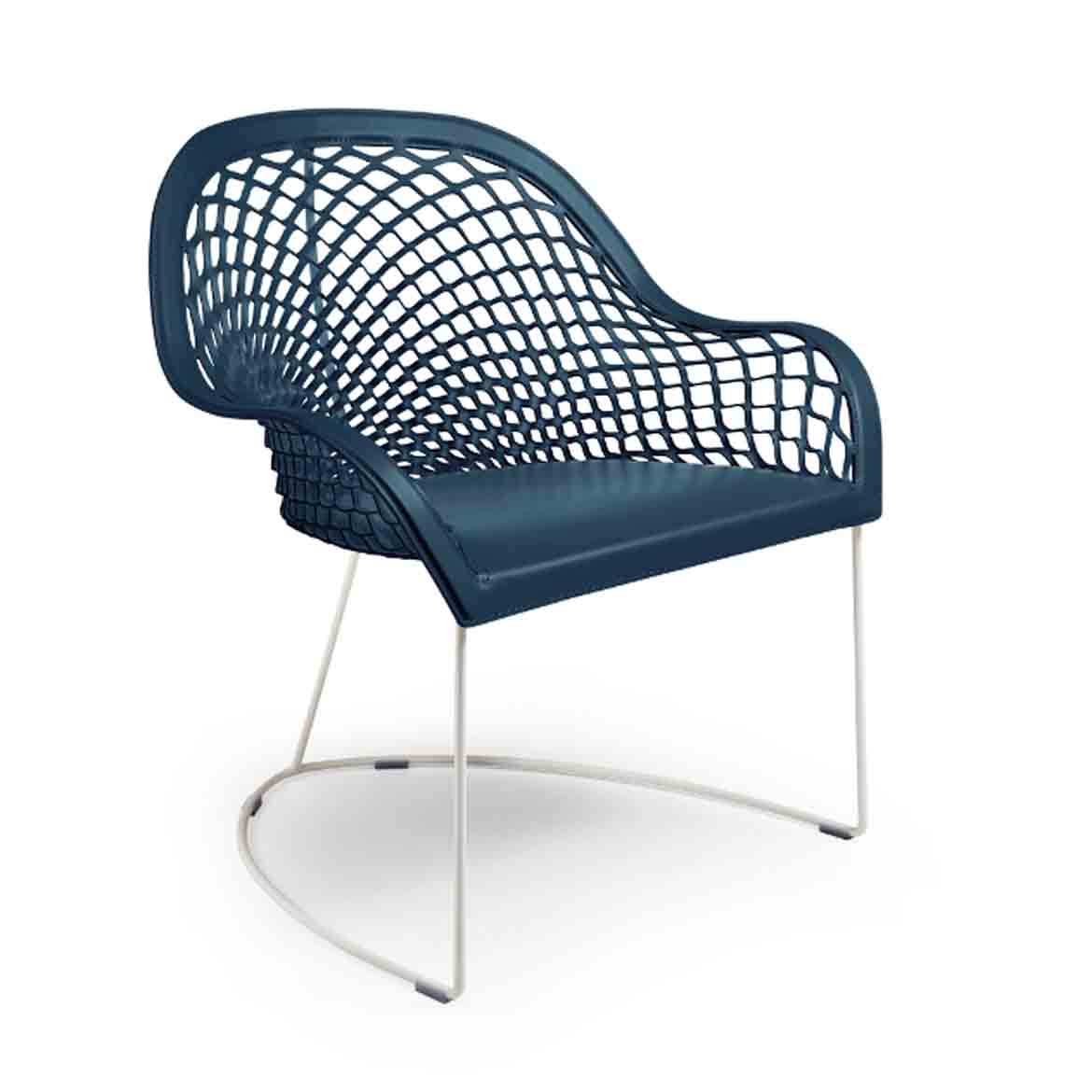 Lacquered steel or chrome frame. Seat and back in hide fabric in many colors.