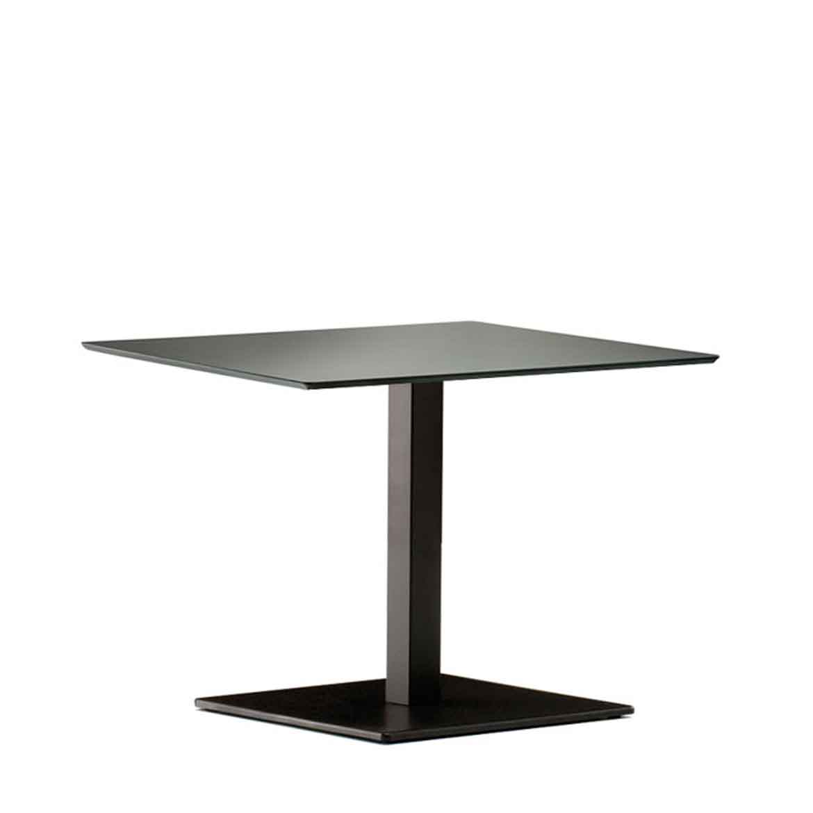 Stainless steel base, available in brushed and polished versions, also in powder coated in different colours.  Max table top: 90x90 cm