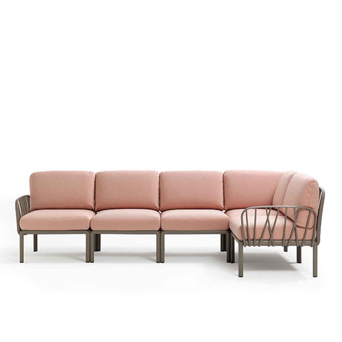 Modular system of upholstered seats. Frame is of uniformly colored fiberglass polypropylene resins with UV additives. Backrest and armrests can be attached on all sides of the seat. Demountable. Matt finish. With non-slip feet. 5 seat cushion kit included in the packaging. Recyclable resin.
