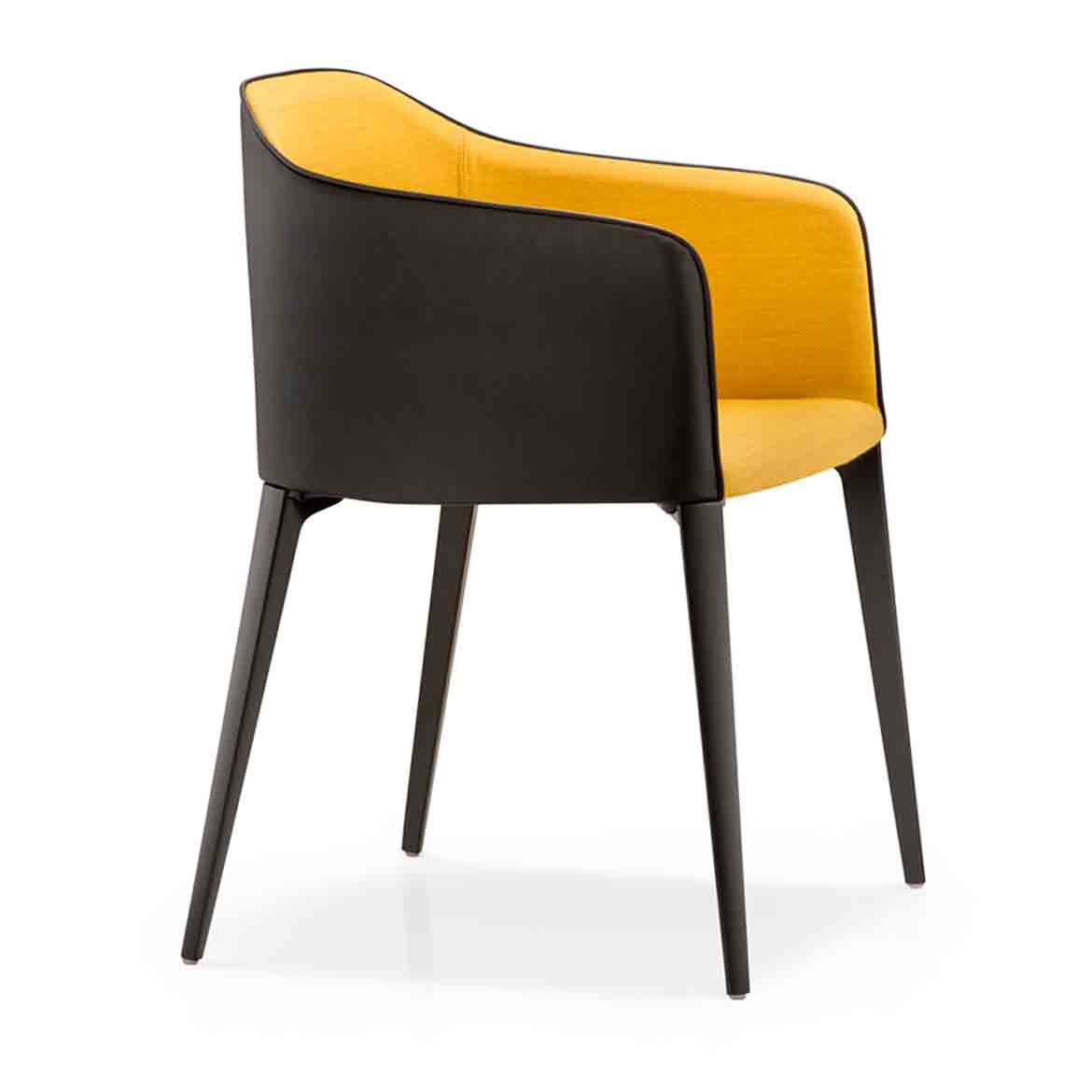 The legs can be powder coated to match the upholstery or they can be polished. The seat is made of crossed elastic belts, covered by polyurethane foam. The upholstery could be entirely with fabric or leather (or eco leather) for the outside and fabric for the inside shell. Available also in C.O.M.