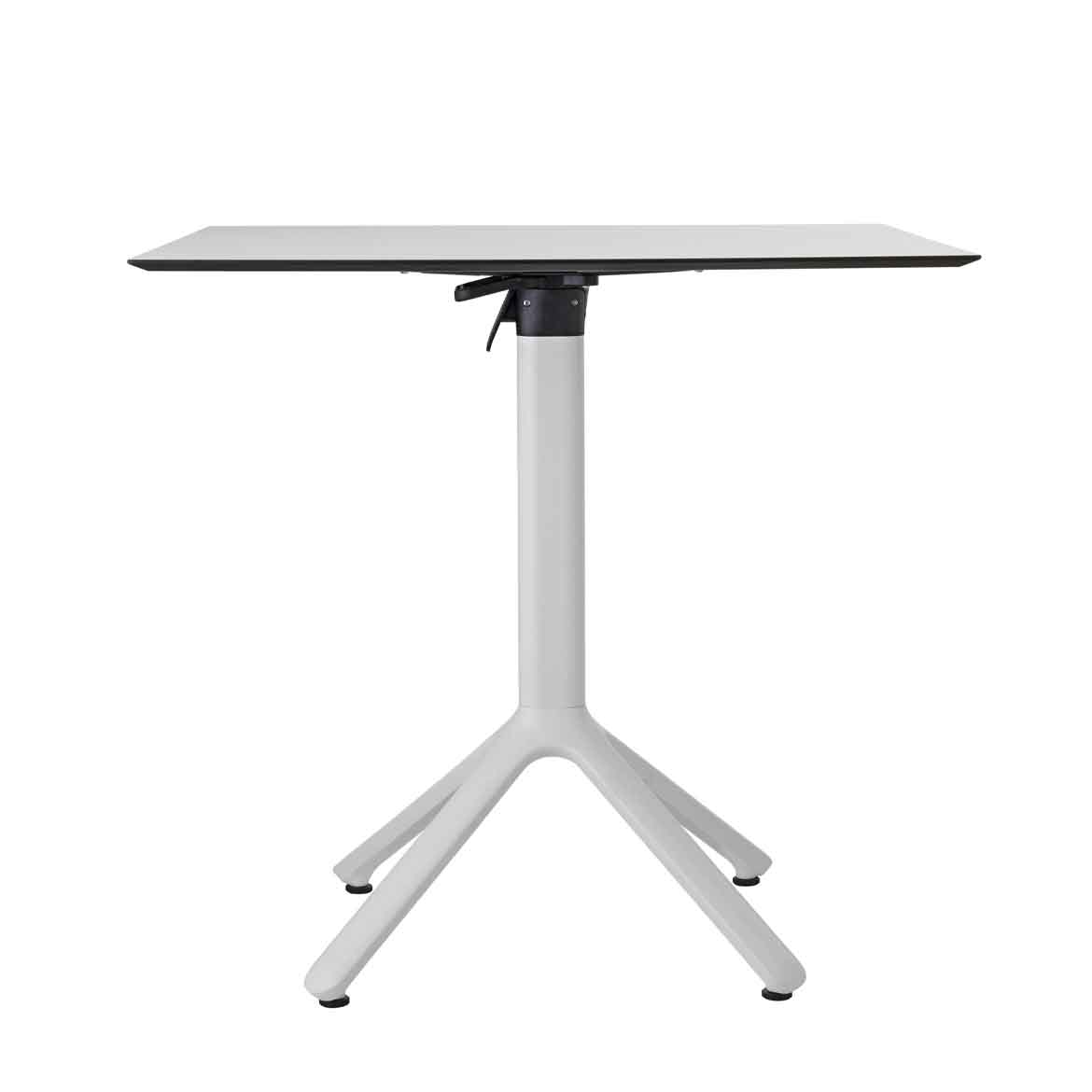 Technopolymer four feet base. Square coated aluminium column with rounded corners. Die cast aluminium brackets for fastening to top. Folding mechanism, with handle for easier ,alignment of several tables. With 4 adjustable feet.  For indoor/outdoor use.