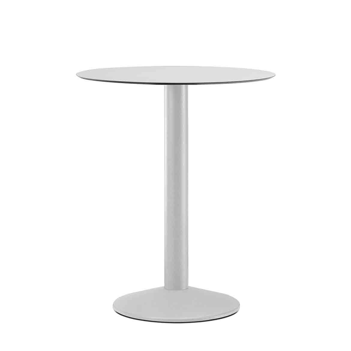 Sand-blasted cast-iron base D 400 mm and steel tube column D 76 mm, powder coated in several colours.  Max table top size: 60x60, ø80