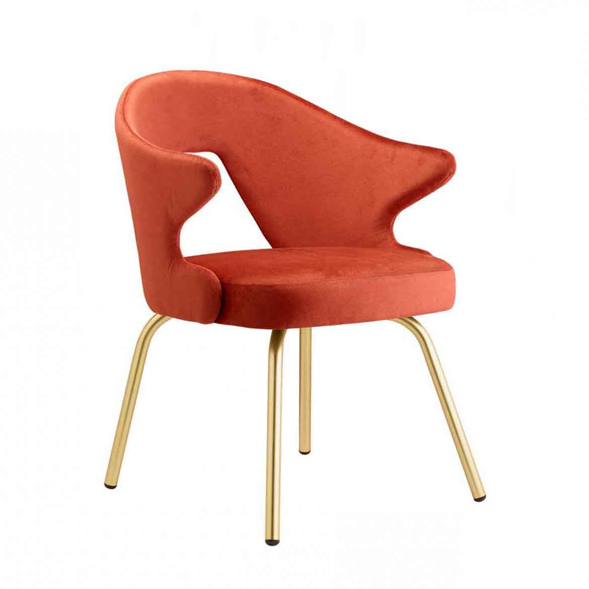 Armchair and chair with upholstered body. Seat and back in multi-stratum, entirely upholstered. Non-removable cover. For indoor use. Also avaliable with wooden base.