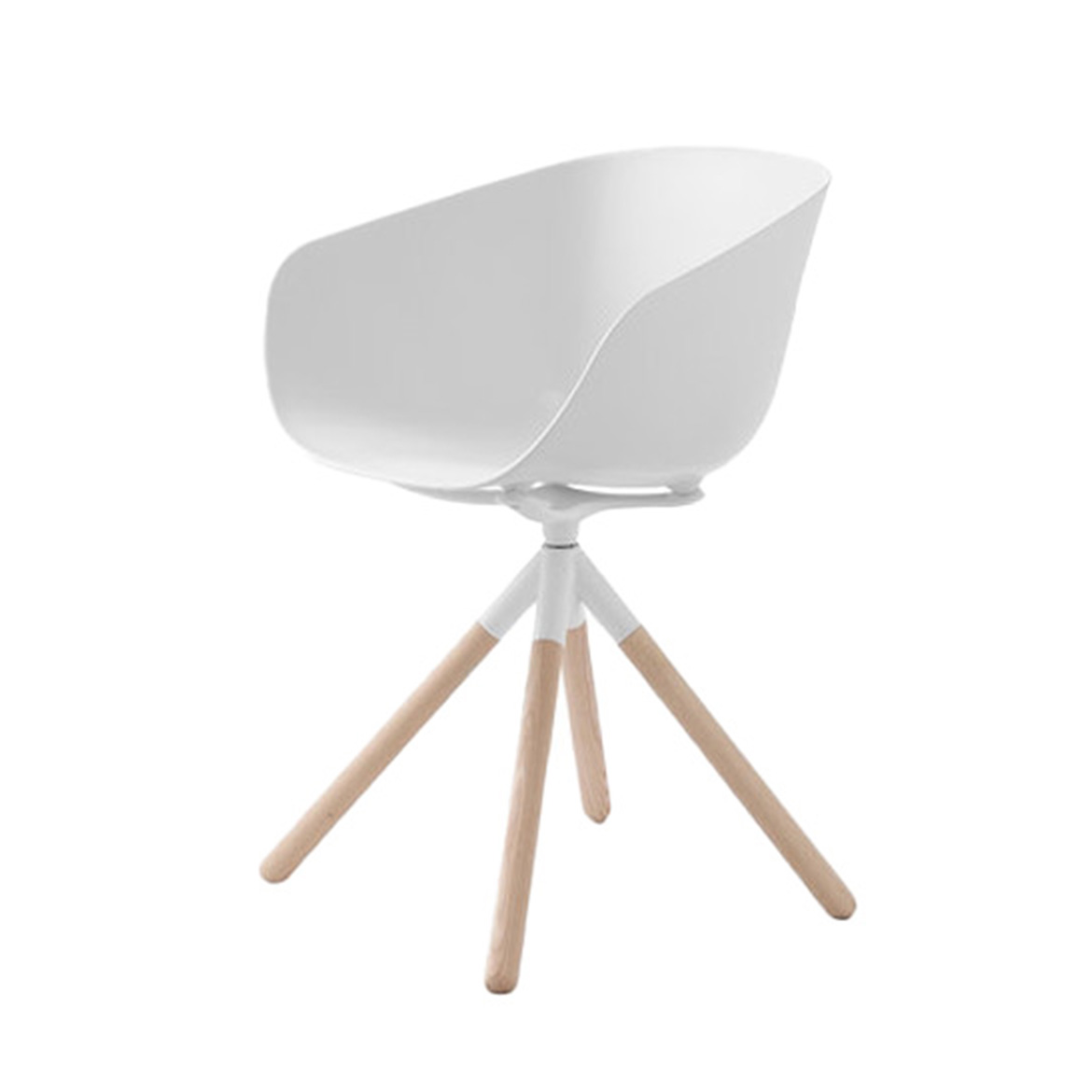 Chair with swivel central structure made in solid ash wood, column and seat support in steel and die cast aluminium epoxy lacquered, seat shell in injection moulded polypropylene.